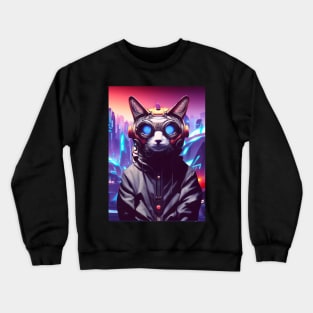 Cool Japanese Techno Cat In Future World Japan Neon City Crewneck Sweatshirt